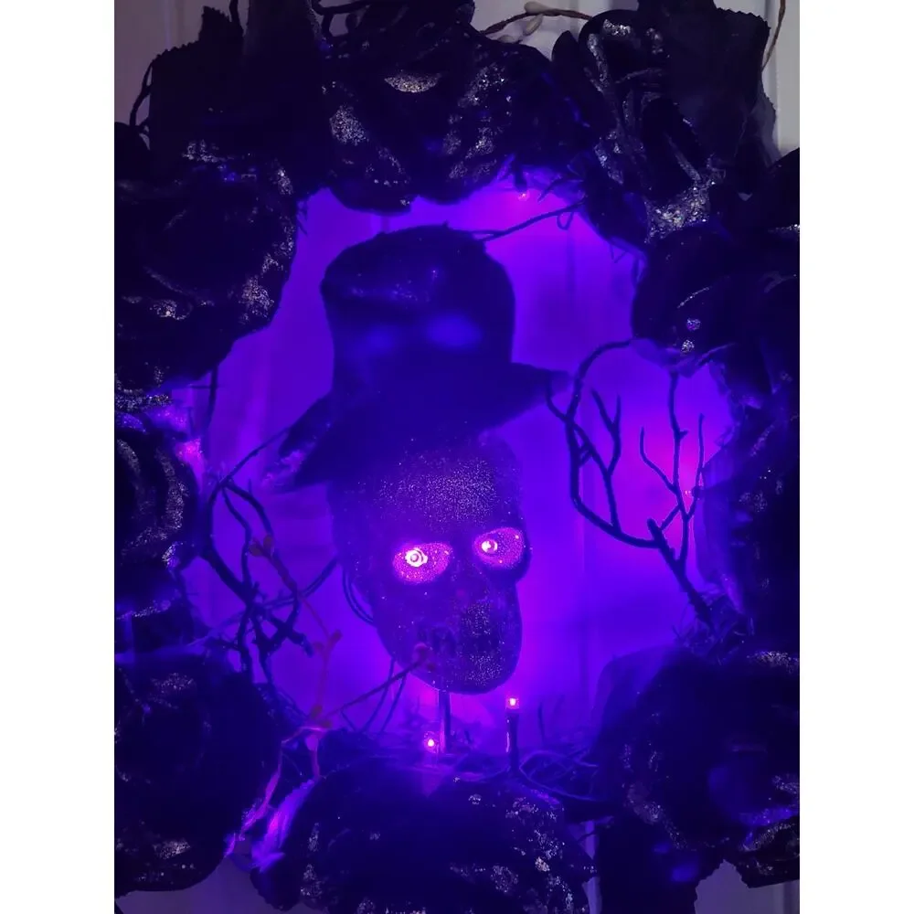 Halloween Purple LED Black Grapevine Wreath Silver Skull Flowers Branches 16